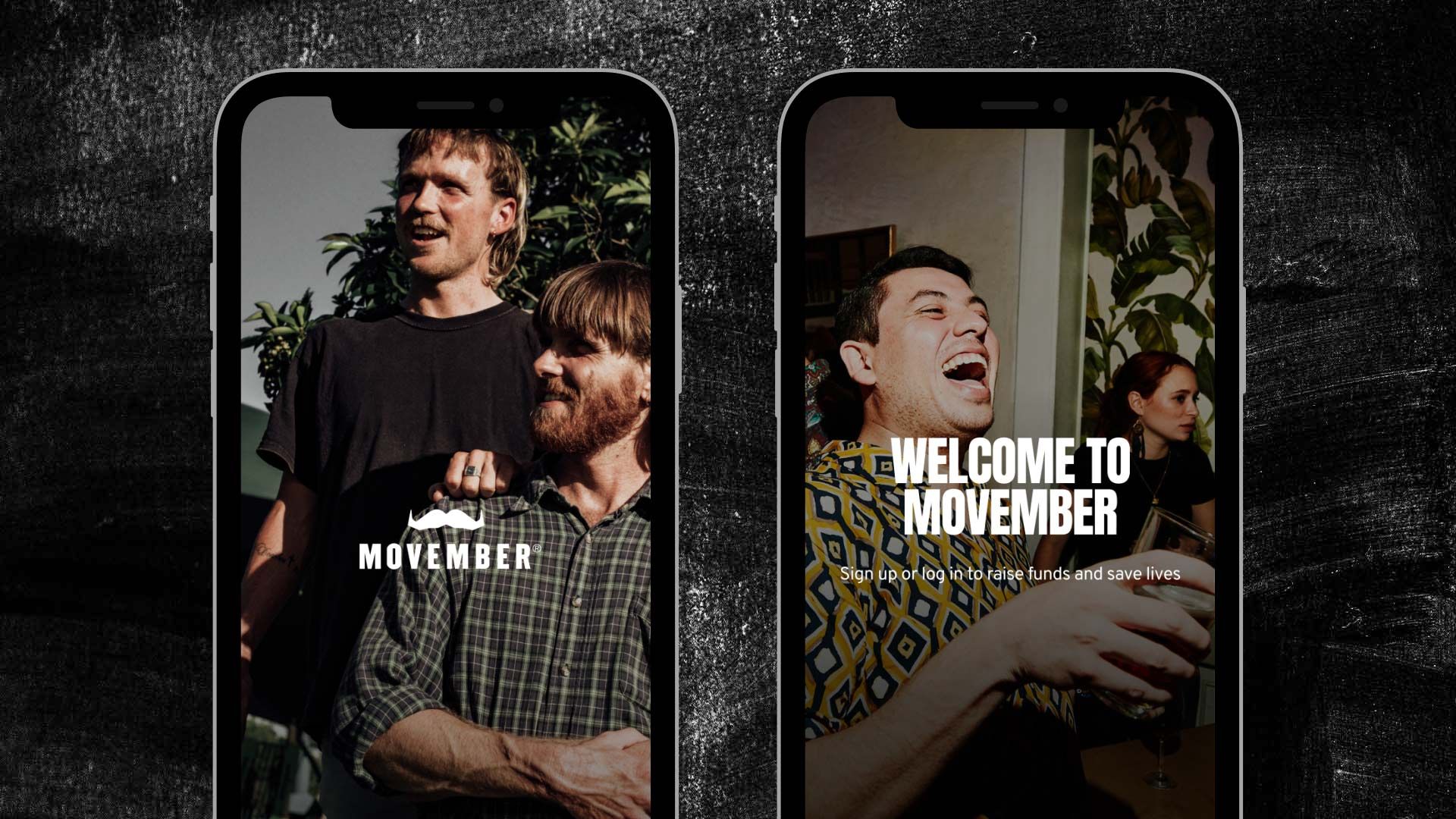 Images of two smartphones, showing the opening screens for the Movember app.