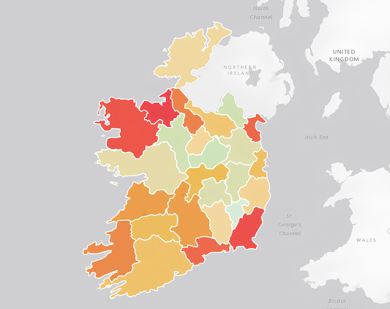 Image showing Irish Dáil constituencies, colour-coded according to male premature death rates.