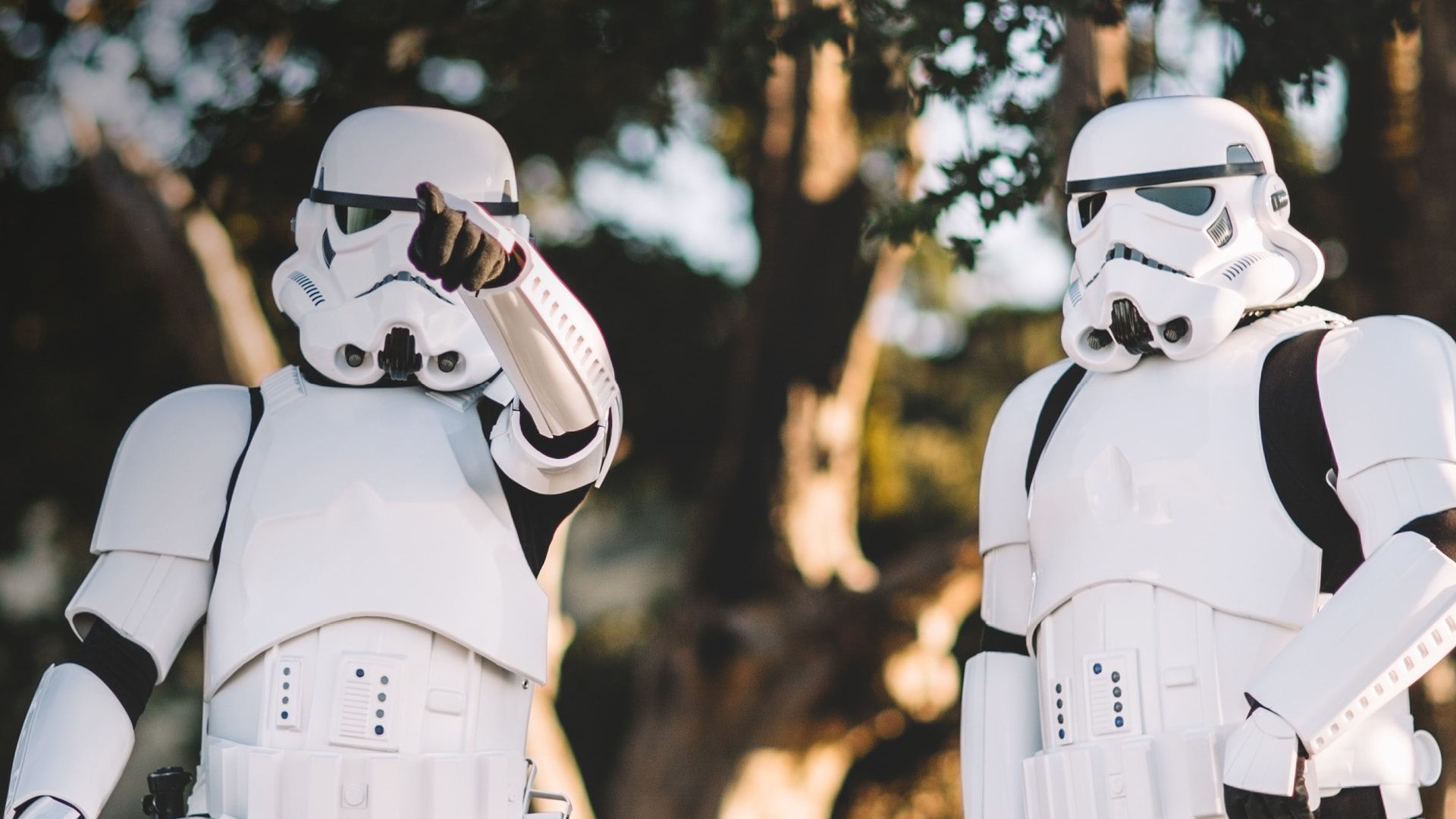 Two people dressed up as Storm Troopers.